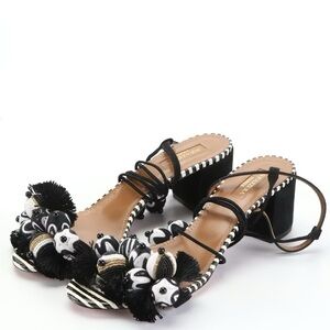 Aquazzura Black/White Suede Bead Pom Pom Block Heel Ankle Wrap